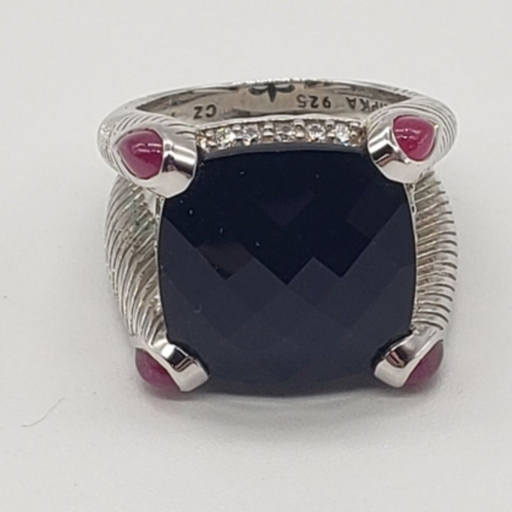 JUDITH RIPKA SQUARE BLACK FACETED ONYX GEM WITH RUBY ACCENTS - Picture 6 of 6
